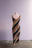 Y2K Black bias cut dress with lilac, mint, red and yellow vertical stripes