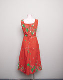1970's Malia Red sleeveless midi dress with a strawberry & apple print with pockets