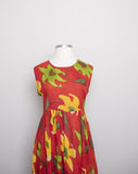 1990's Red sheer Sleeveless Plus size Indian Cotton Maxi dress with abstract yellow & Green florals