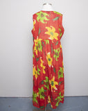 1990's Red sheer Sleeveless Plus size Indian Cotton Maxi dress with abstract yellow & Green florals