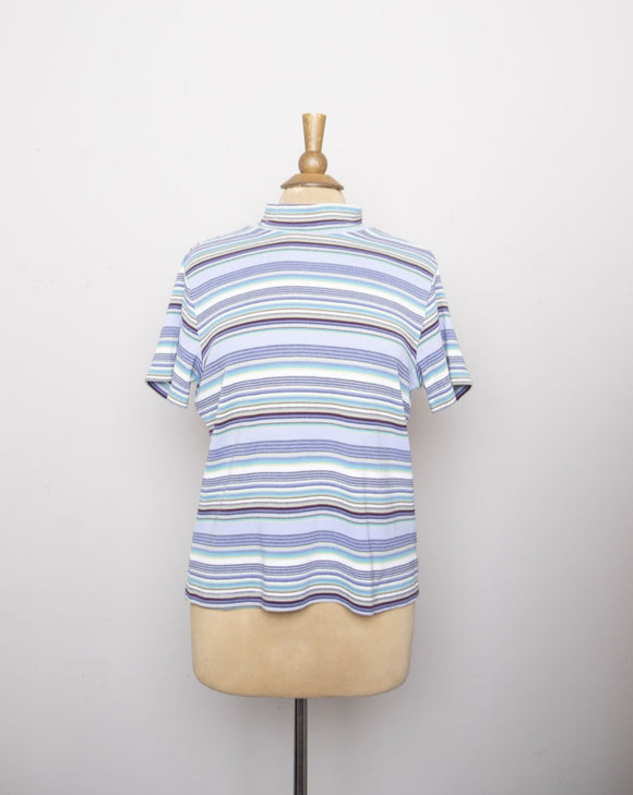1990's-Y2K Periwinkle, Mint green & purple striped mock neck short sleeve tee