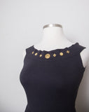 1980-90's Black off the shoulder romper with gold button appliques and pockets