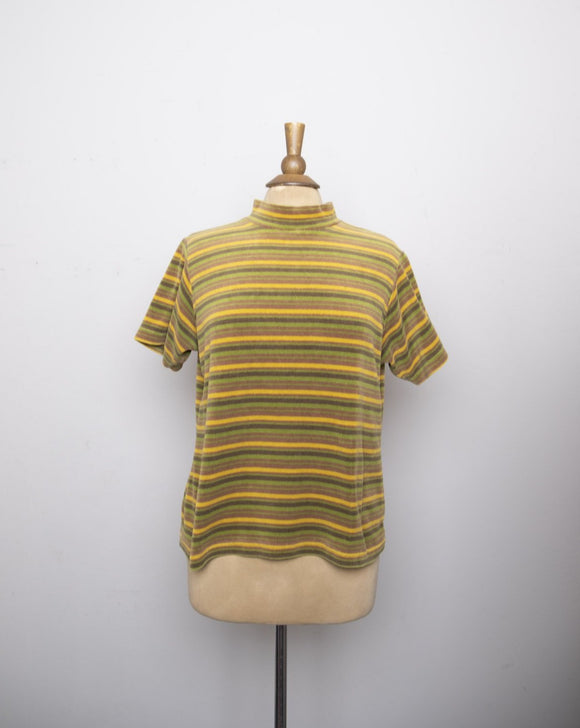 1990's Mustard, Forest Green velour short sleeve striped mock turtleneck top