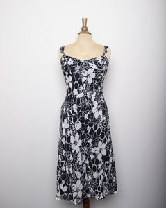 1990's-Y2K Black and White floral silk bias cut sleeveless dress