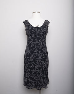 Y2K Black cocktail dress with dainty white scroll print adjustable drawstring neckline