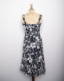 1990's-Y2K Black and White floral silk bias cut sleeveless dress