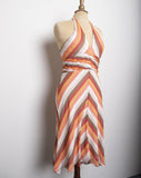 Y2K BCBG Silk Ivory, Brown & Peachy wide chevron striped halter bias cut dress
