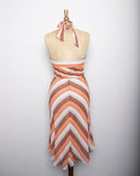 Y2K BCBG Silk Ivory, Brown & Peachy wide chevron striped halter bias cut dress