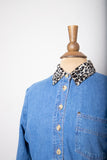 1990's Denim long sleeve button down dress with faux leopard collar and cuffs