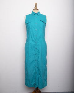 1990's-Y2K Teal Turquoise sleeveless button-down fitted Linen sheath dress