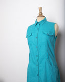1990's-Y2K Teal Turquoise sleeveless button-down fitted Linen sheath dress
