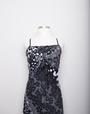 1990's-Y2K Black & White plus size spaghetti strap bias cut floral & polka dot dress