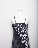 1990's-Y2K Black & White plus size spaghetti strap bias cut floral & polka dot dress