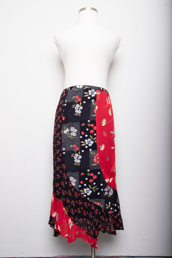1990's Red & Black patchwork floral and polka dot mermaid skirt