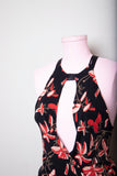 Y2K Bebe Black Strappy Halter dress with a plunging neckline in a red lilly floral print