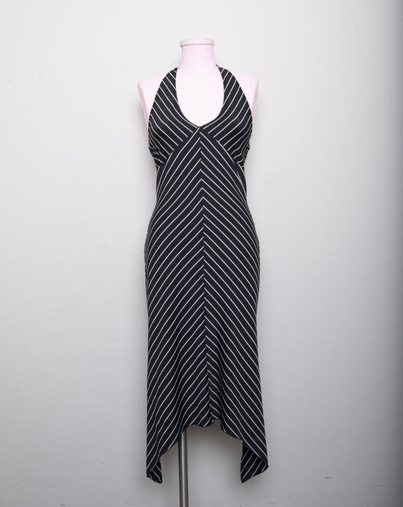 Y2K Black Halter dress with white pinstriped print