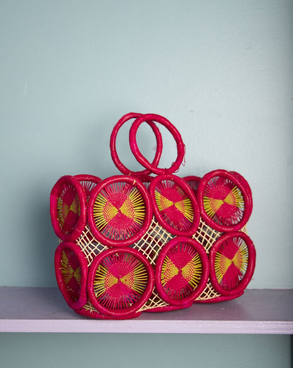 Amazing Mod Hot Pink &  Lime green crochet medallion straw handbag