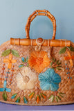 1970's Straw Rattan woven floral handbag