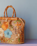 1970's Straw Rattan woven floral handbag