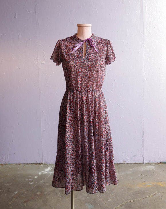 1970's Sheer Black, Purple & Red floral dress with peter pan collar