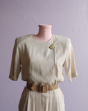 1980'90's tan & white pinstriped dress w/belt and big button.