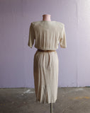 1980'90's tan & white pinstriped dress w/belt and big button.