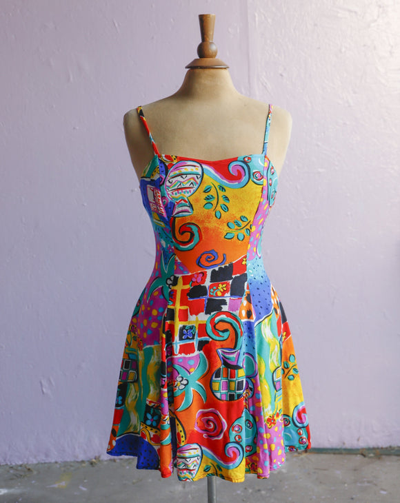 1990's sleeveless abstract floral mini dress.