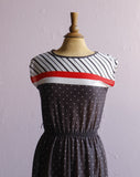 1970's Black, Red & white striped & polka dot jersey dress