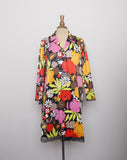 1960-70's Psychedelic's floral lounge wear house coat dress with laced trim and pocket