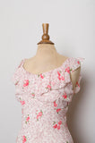 1990's-Y2K Ivory bias dress with dainty pink florals and ruffle shoulders