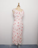 1990's-Y2K Ivory bias dress with dainty pink florals and ruffle shoulders
