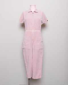 1950's Pink and white striped seer sucker work wear Capri jumpsuit with pockets