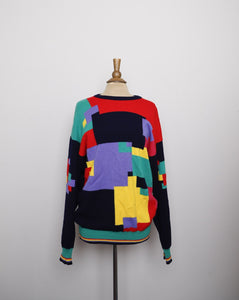 1990's Navy Blue and multi color geo color block pull over wool sweater