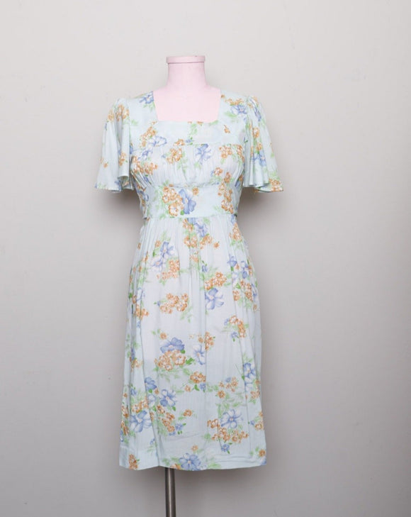1970's Baby blue Boho flutter sleeve mini dress with blue and golden florals