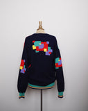 1990's Navy Blue and multi color geo color block pull over wool sweater