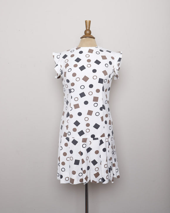 1970's White Sleeveless drop waist Mini Mod Dress with a black & brown geo shape print