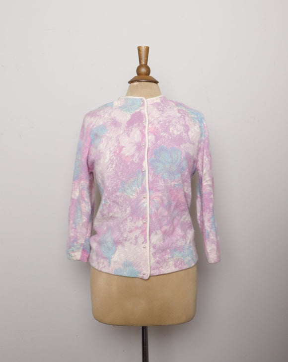 1950-60's Pastel pink, purple and blue Angora wool cardigan sweater with watercolor flowers