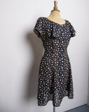 1990's Black sheer buttondown mini dress with dainty white floral print and capelet collar