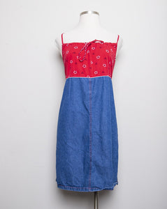 1990's Denim Plus size spaghetti dress with a red bandana print