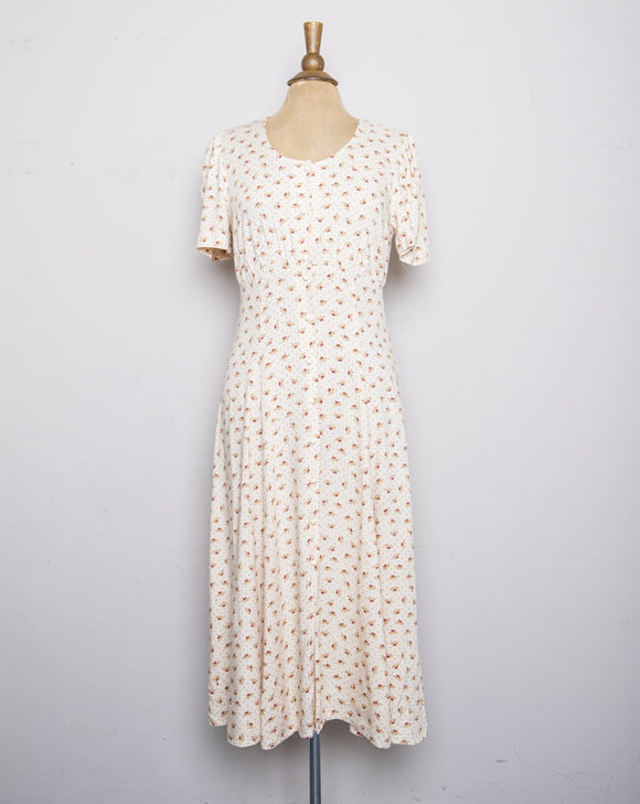 1990's Ivory short sleeve button-down dress with dainty brown floral print