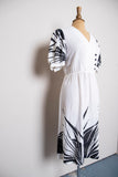 1970-80's White puff sleeve dress with black foliage shadow print