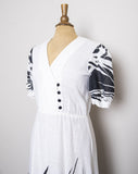1970-80's White puff sleeve dress with black foliage shadow print