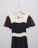 1970's Black & Ivory polka dot mini dress with short flutter sleeves
