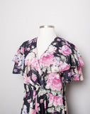 1980-90's Black Plus size short sleeve dress with a pink and purple floral print