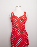 1990's Sleeveless Red dress with a medusa medallion & polka dot print and faux wrap skirt