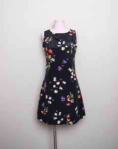 1990's Black mini sleeveless dress with red, purple, yellow & white wild flowers print