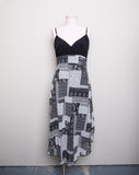 1990's Black spaghetti braided strap dress with black & white patchwork skirt