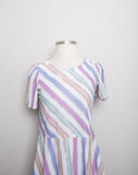 1970's White dress with periwinkle, peach & mint stripped dress with puff sleeves
