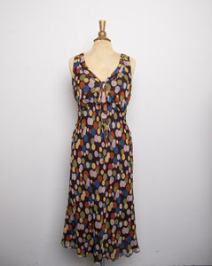 1990's-Y2K Brown sleeveless bias cut dress with multi colored polka dots