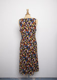 1990's-Y2K Brown sleeveless bias cut dress with multi colored polka dots